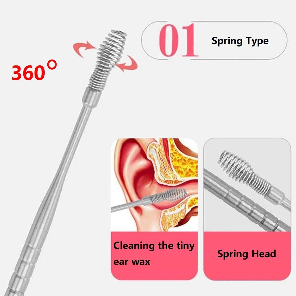 Alat Pembersih Kotoran Telinga Set 5in1 6in1 Stainless Steel Earpick Perlengkapan Perawatan Kebersihan Indra Pendengaran Ear Wax Removal Kit 5Pcs 6Pcs Korek Kuping Tongkat Sendok Tahan Karat