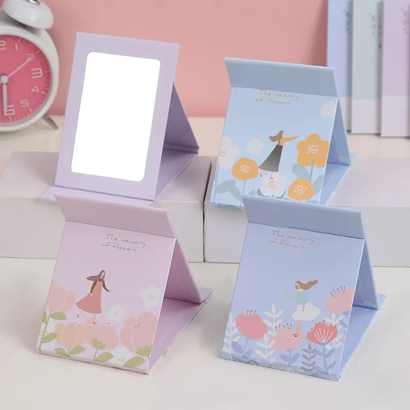 Cermin Lipat Persegi Model Buku Motif / Standing Beauty Mirror Kaca Duduk Untuk Rias Makeup Wajah / Foldable Vanity Mirror Cermin Dandan Meja Karakter Untuk Souvenir Pernikahan Kosmetik