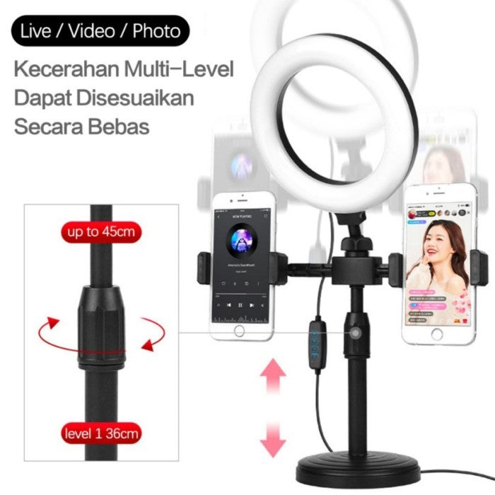 Tripod Ringlight 16cm + 2 Holder Hp / Stand Ringlight Universal /Phone Holder Live Stream Selfie Vlog