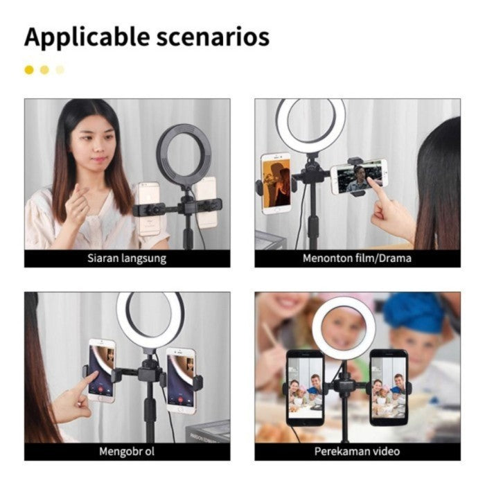 Tripod Ringlight 16cm + 2 Holder Hp / Stand Ringlight Universal /Phone Holder Live Stream Selfie Vlog
